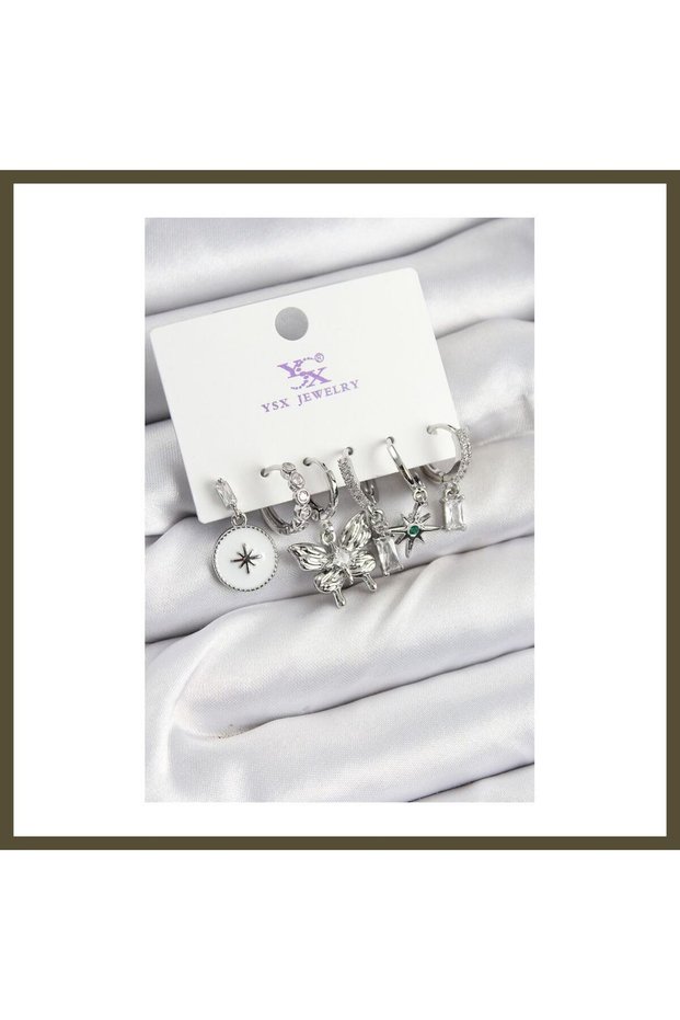 Silver-Color 3-Piece Pair of Women's Earrings with Rice-Shaped Zircon Stones in Butterfly and Star Designs BX