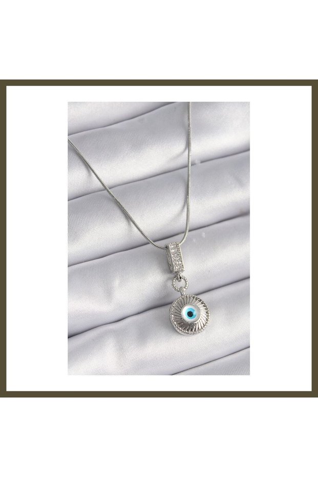 316L Stainless Steel Silver-Colored Zircon-Set Evil Eye Beaded Necklace for Women, Model BX