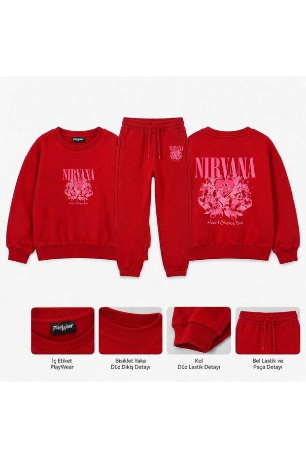Matching Sweatshirt Set with "nirvana-heart" Print for Girls, Boys, and Kids—Crew Neck with Men’s Collar