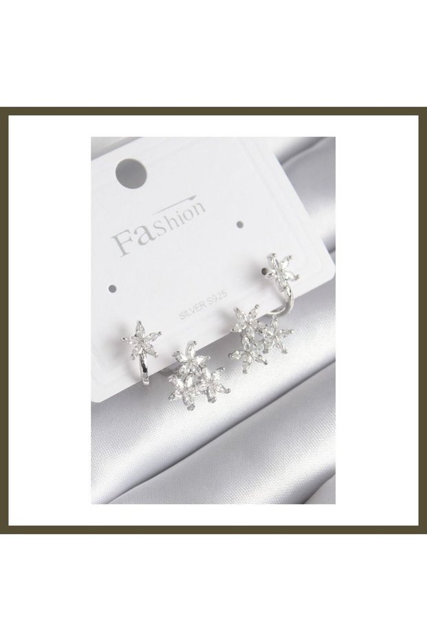 Silver-Toned Rice-Shaped Flower-Design Women's Earrings with Zircon Stones BX