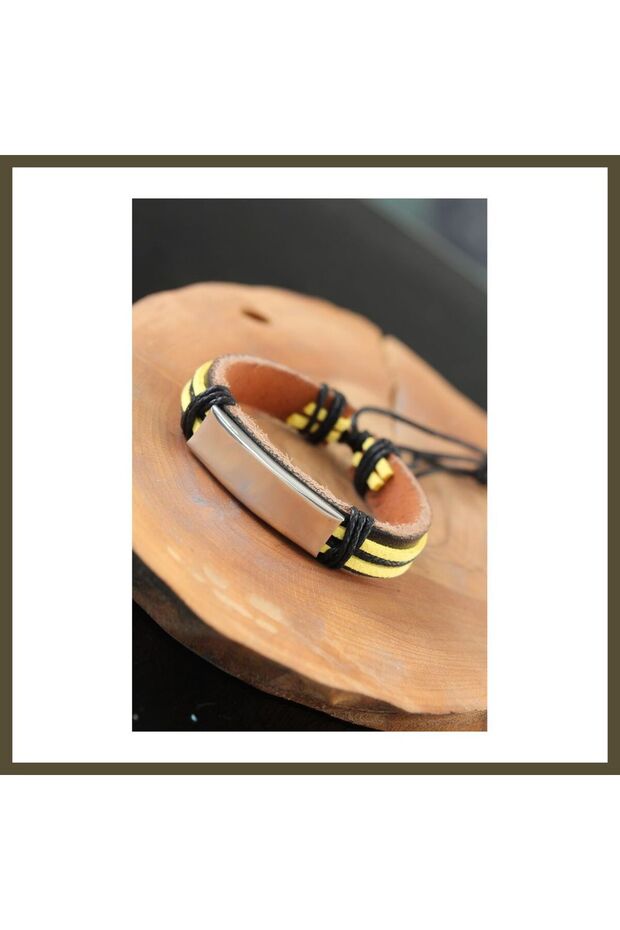 Yellow and Black Leather Men's Bracelet with Metal-Accented Design BX