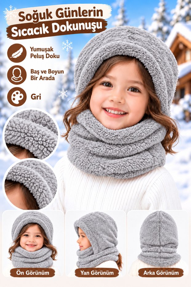 Pinecone Kids' Hooded Plush Beanie, Scarf, Fleece, Welsoft Fleece Neck Warmer, Windproof Hat