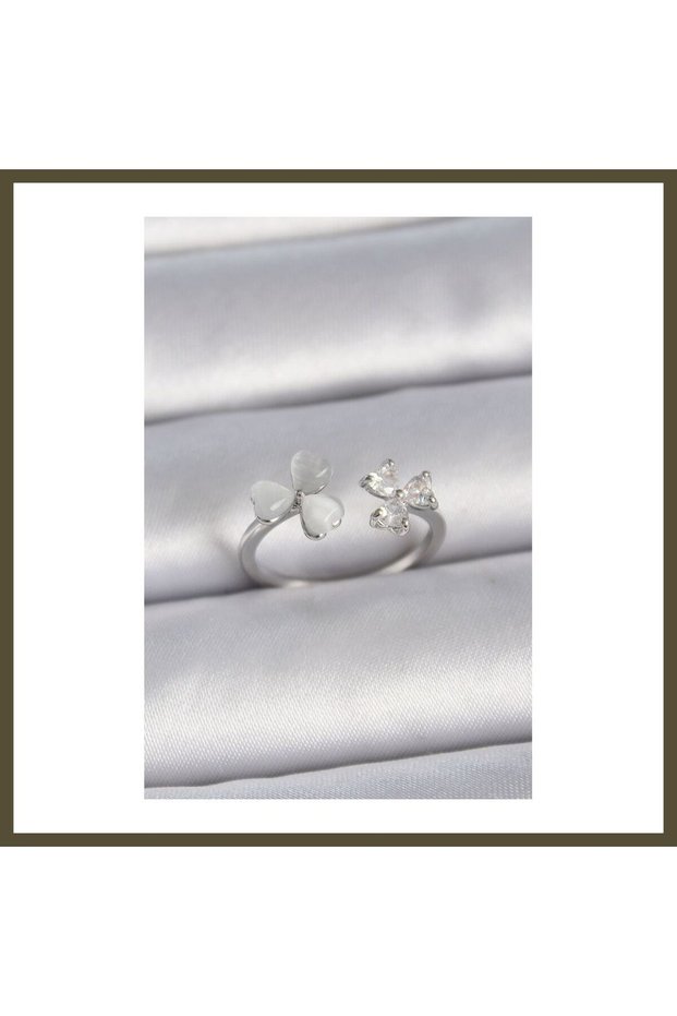 Rhodium-Plated Silver-Colored Adjustable Ring with Zirconia and White Enamel for Women, Model BX