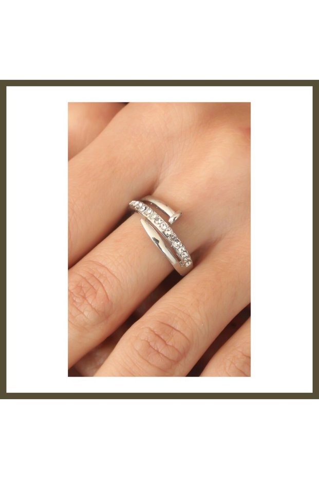 Silver-Colored Stone-Set Nail-Style Adjustable Women's Ring BX