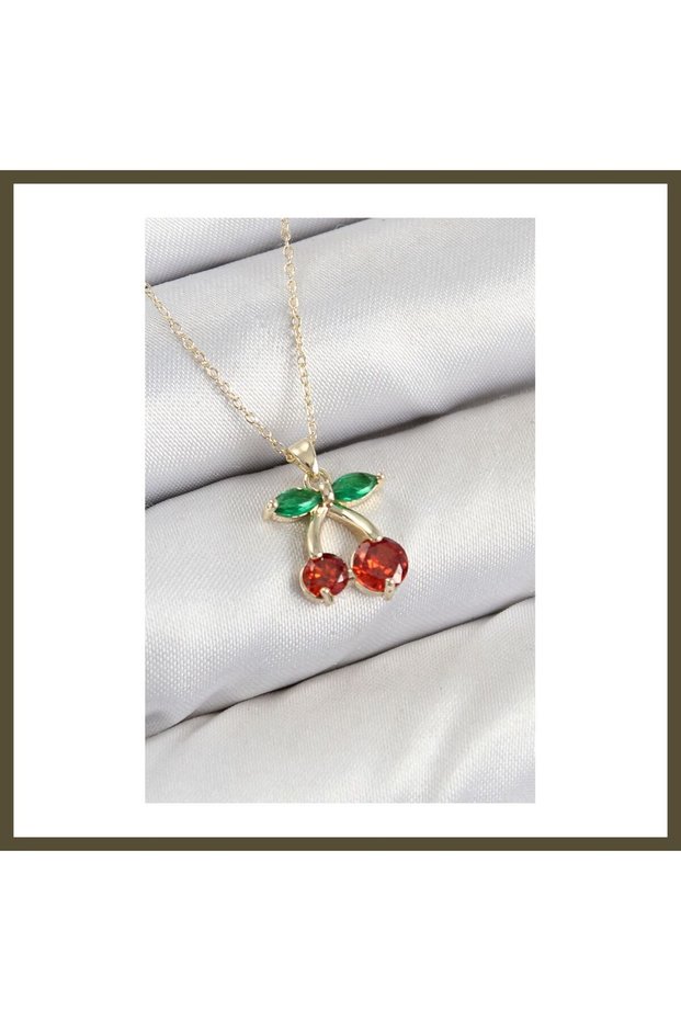 Gold-Colored Women's Necklace with Rice-Shaped Zircon Stones in a Cherry Design BX