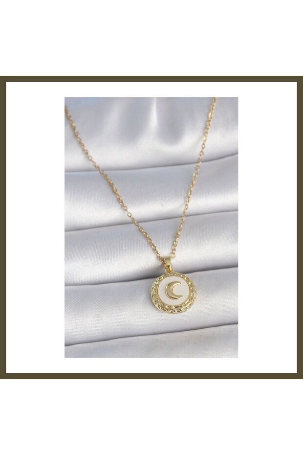 316L Stainless Steel Gold-Colored Chain with White Enamel Crescent-Embellished Medallion Women's Necklace BX