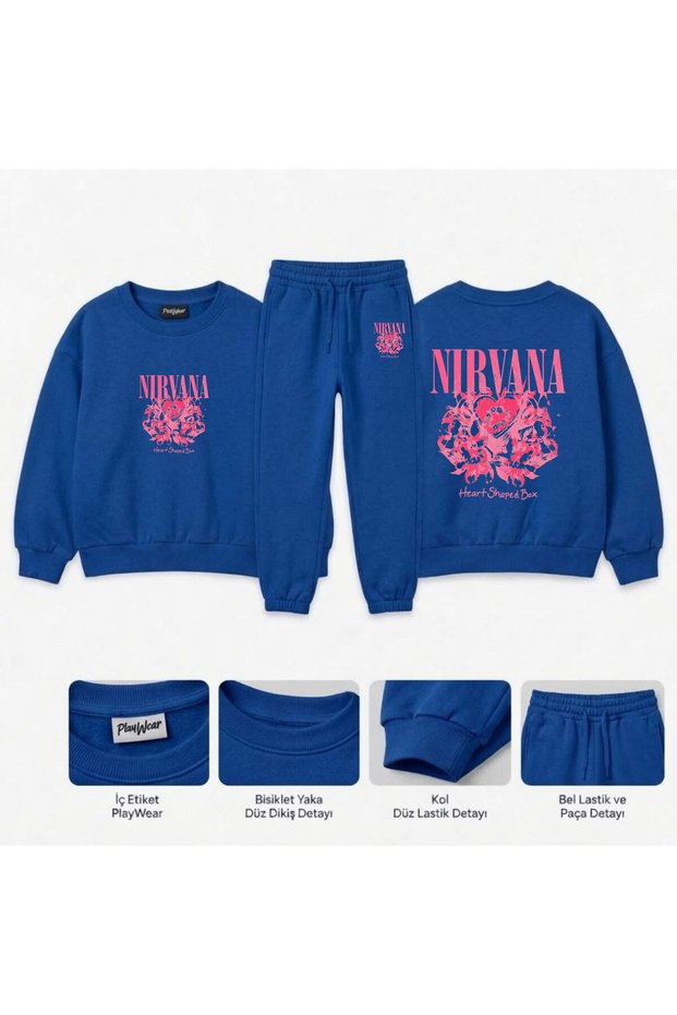 Matching Sweatshirt Set with "nirvana-heart" Print for Girls, Boys, and Kids—Crew Neck with Men’s Collar