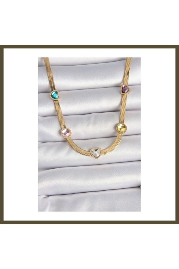 316L Steel Gold-Colored Italian Chain with Colored Zircon Stones and Figurine Women's Necklace BX