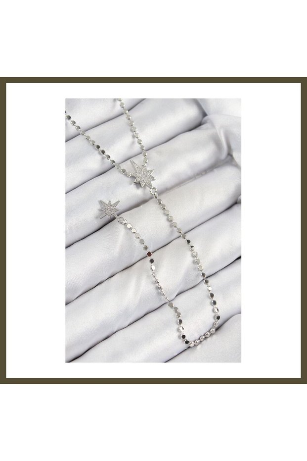 Silver-Color Y-Shaped Necklace with a Polished Chain and a North Star Design Featuring Rice-Shaped Zircon Stones BX