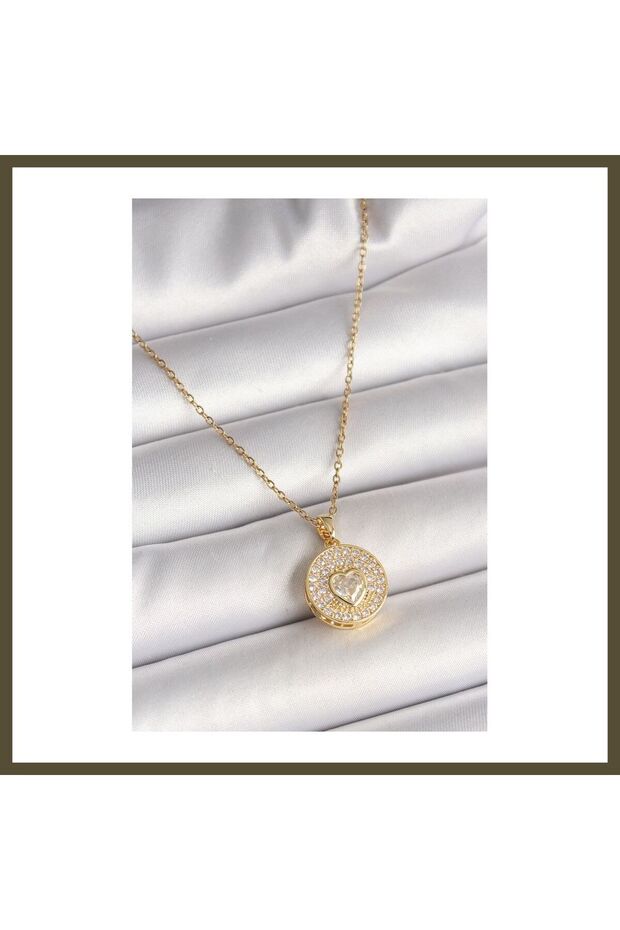 316L Stainless Steel Gold-Colored Chain Medallion Necklace with Zircon Stones for Women, Model BX