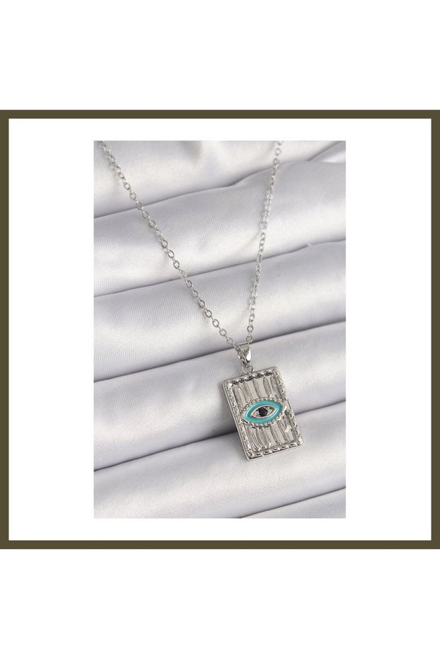 316L Stainless Steel Silver-Colored Zircon Stone Eye-Engraved Detailed Plate-Style Women's Necklace BX