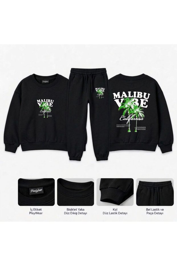 Team Sweatshirt "malibu-vibes" Printed for Girls, Boys, and Kids - Crew Neck with Men’s Collar