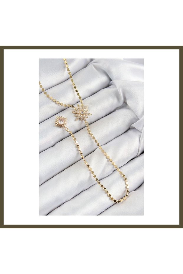 Gold-Color Y-Shaped Necklace with a Polished Chain and a North Star Design Featuring Rice-Shaped Zircon Stones BX