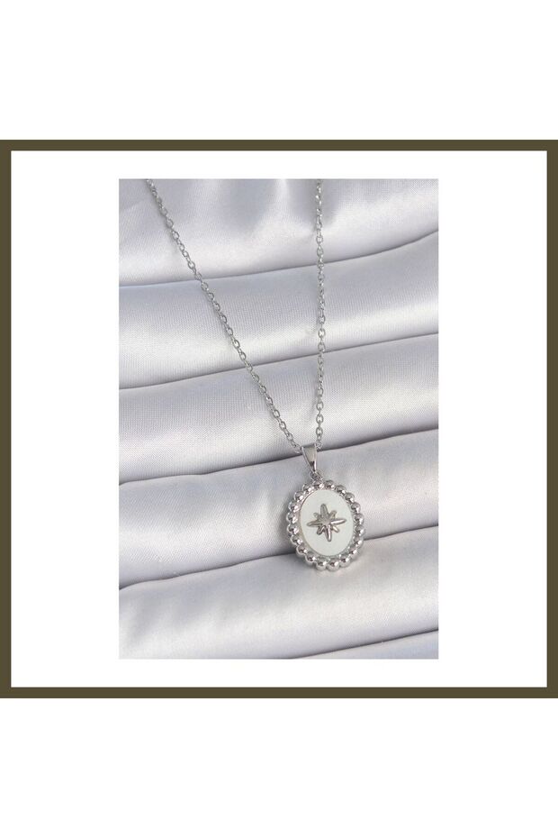 316L Stainless Steel Silver-Colored Chain with White Enamel and Polar Star-Embossed Medallion, Women's BX Model