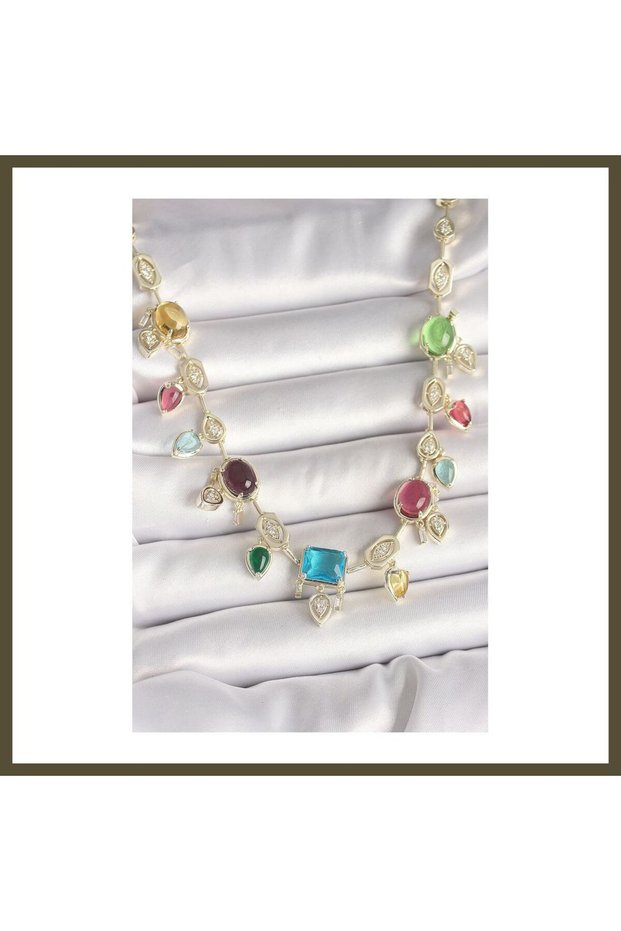 Gold-Toned Rice-Shaped Necklace with Colored Zircon Stones, VIP Series, for Women, BX