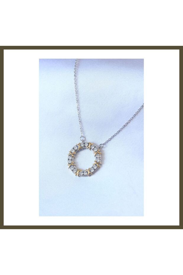 316L Steel, Silver-Colored, Zircon Stone, Gold Accents, Xoxo Women's Necklace BX
