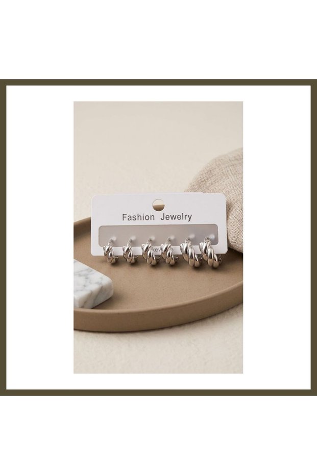 Rice-Shaped Silver-Toned Minimalist Ridged Earring Set BX