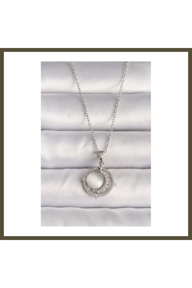 316L Steel Silver-Colored Crescent-Shaped Women's Necklace with Zircon Stones and White Mother-of-Pearl BX