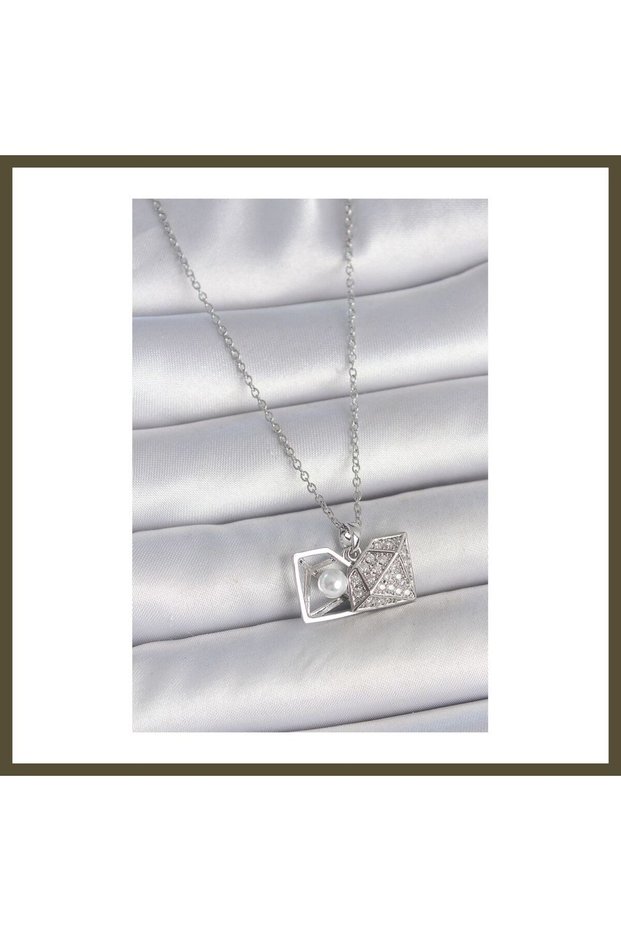 316L Steel Silver-Colored Chain Necklace with Zircon Stones and Pearls, Diamond-Style Clasp, Women's Necklace BX