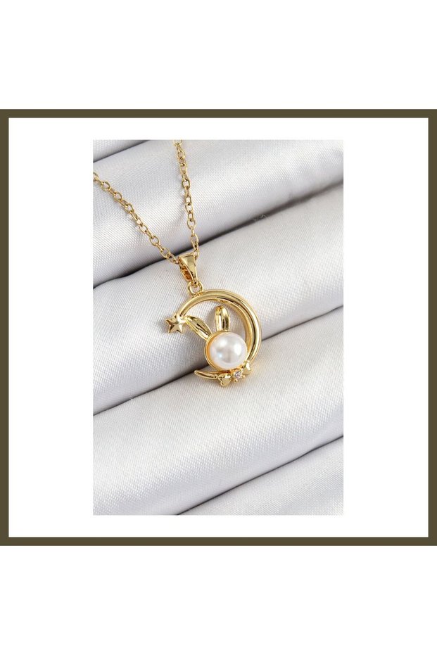 316L Stainless Steel Pearl-Detailed Crescent Moon Rabbit-Shaped Gold-Colored Women's Necklace BX