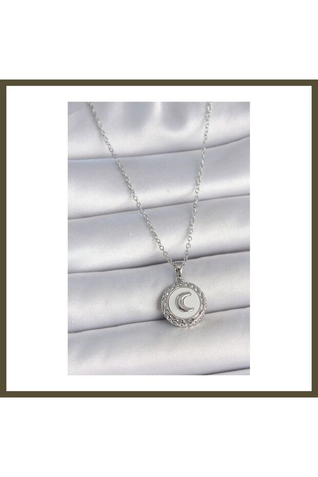316L Stainless Steel Silver-Toned Chain with White Enamel Crescent-Embellished Medallion Women's Necklace BX