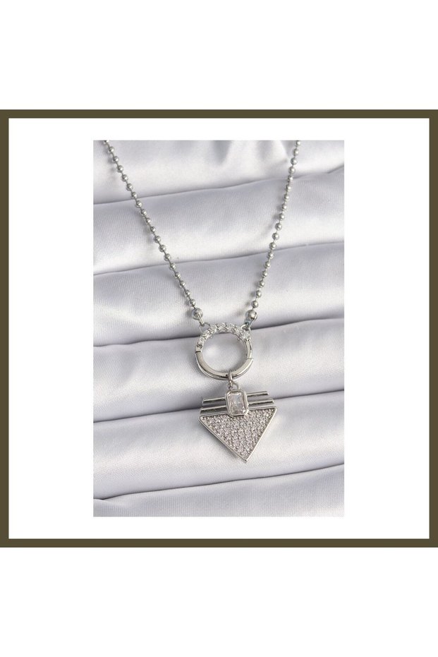 316L Steel Silver-Colored Bead Chain with Zircon Stones, Triangle-Shaped Women's Necklace BX