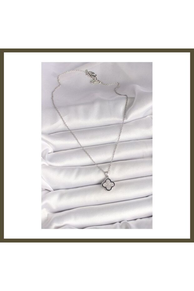 316L Stainless Steel Silver-Colored Chain Necklace with Zircon Stones in a Clover Design for Women BX