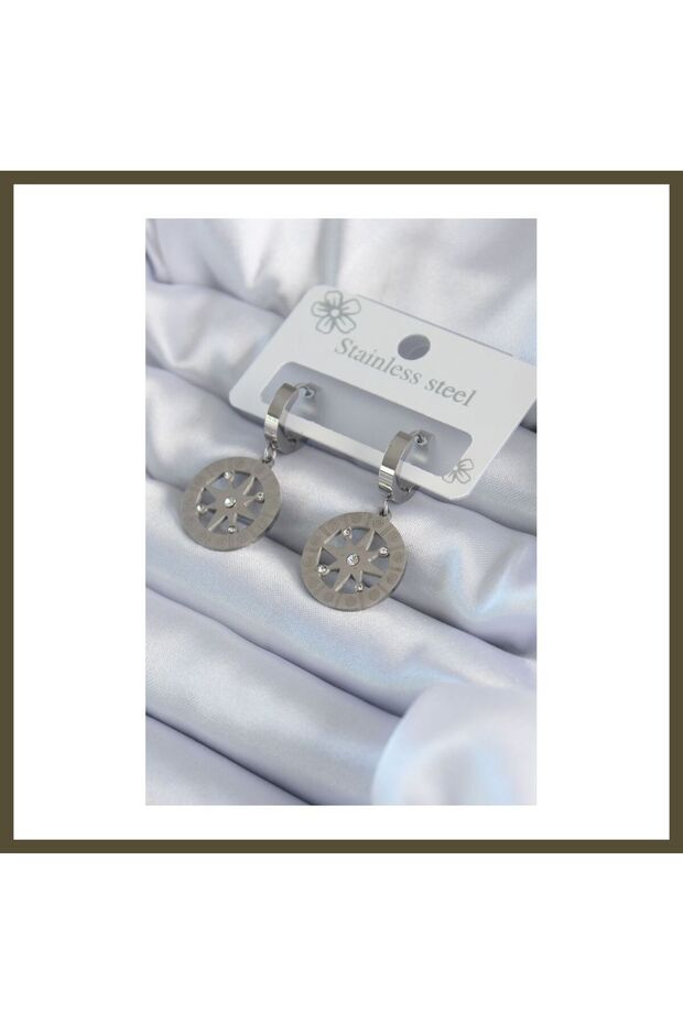 316L Steel, Silver-Colored, North Star-Style, Zircon Stone-Embellished Women's Earrings BX