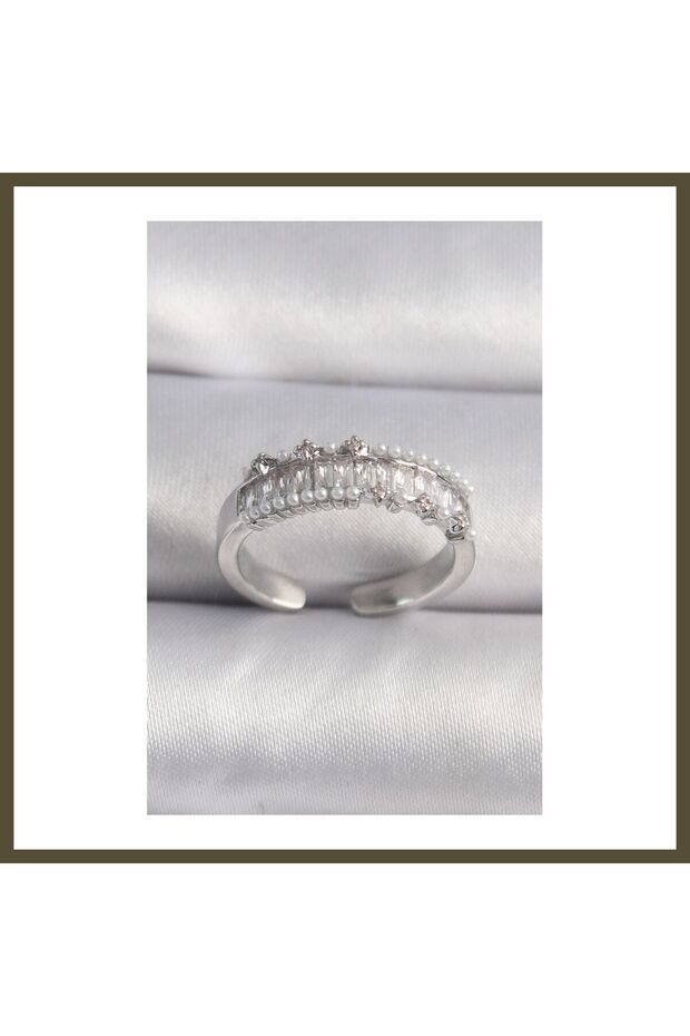 Silver-Toned Rice-Style Ring with Zircon Stones and Pearl Accents, VIP Series, Women's Ring BX