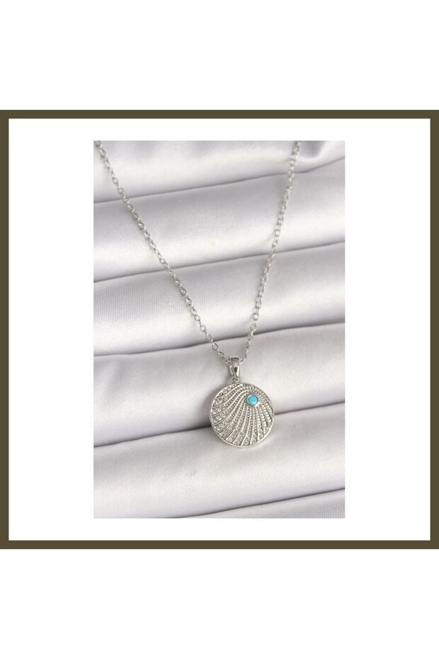 316L Stainless Steel Silver-Colored Chain with Zircon and Blue Stone Embellishments, Medallion-Style Women's Necklace BX