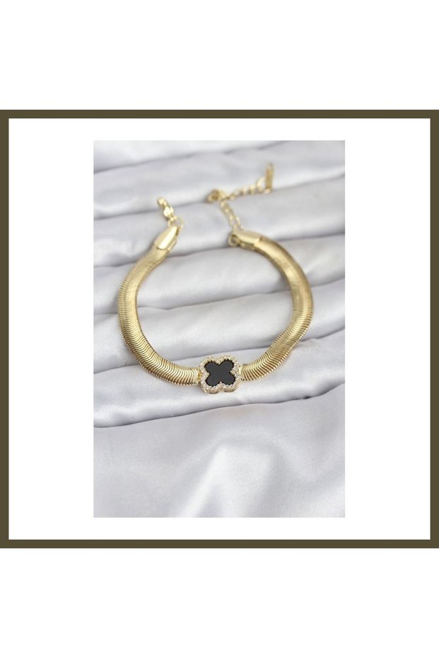 316L Steel Gold-Colored Black Clover-Shaped Zircon-Studded Snake Chain Women's Bracelet BX