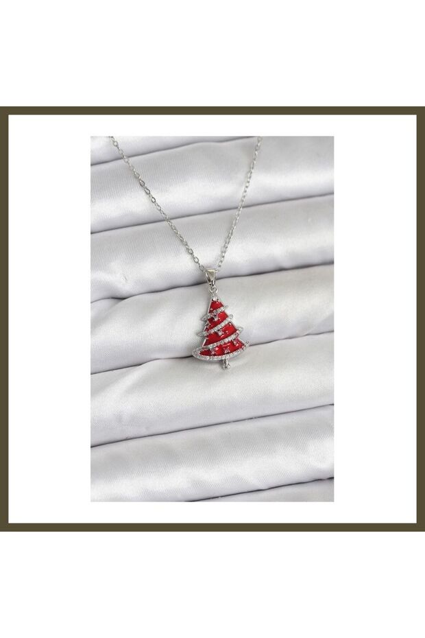 316L Stainless Steel Chain, Silver-Colored, Red Fir Tree Design, New Year's-Themed Women's Necklace BX