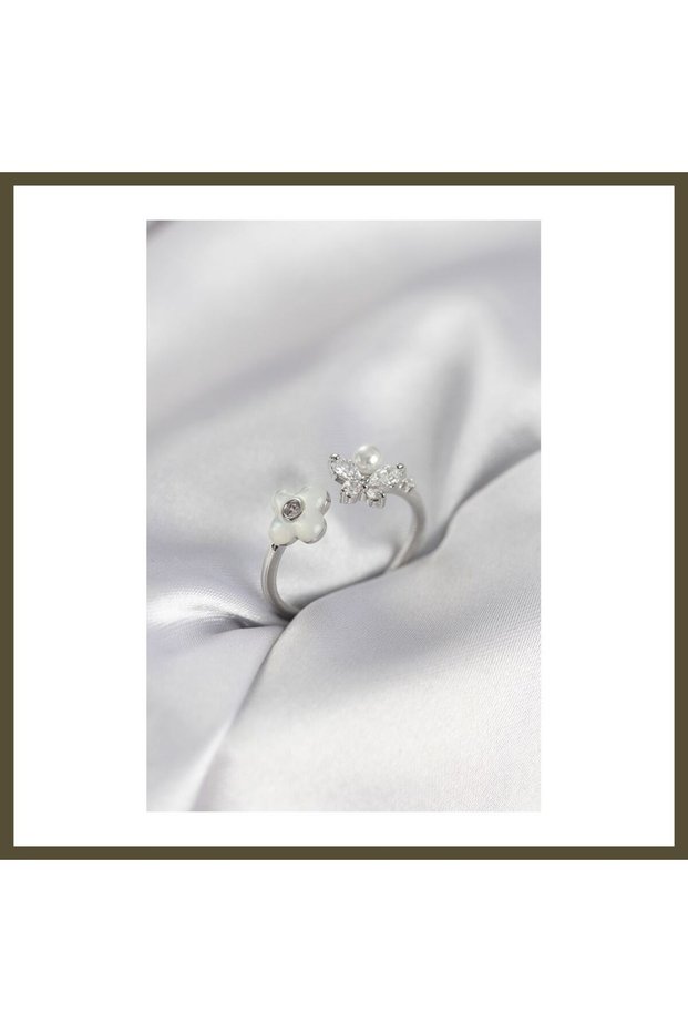 Silver-Colored Mother-of-Pearl Flower-Patterned Women's Ring BX