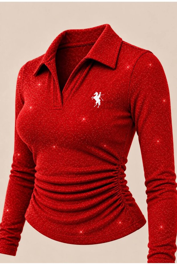 Red Polo Collar Long-Sleeve Glittery, Embroidered, Stretch Fabric Premium Body Blouse