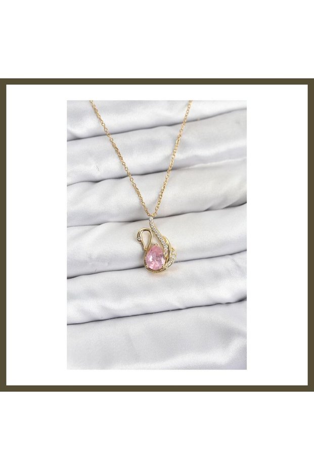 316L Stainless Steel Chain, Gold-Toned, Pink Swan Design, Zircon-Studded Women's Necklace BX