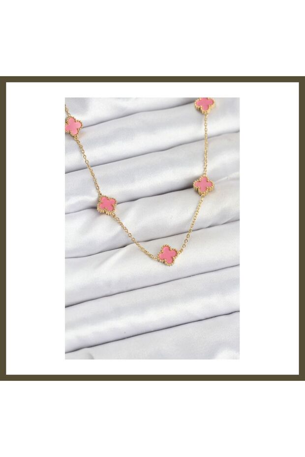 316L Steel Chain, Gold-Toned, Pink, Baby Boy, Clover, Women's Necklace BX