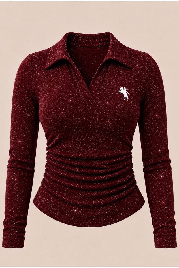 Burgundy Polo Collar Long-Sleeve Sequin-Embellished, Embroidered, Stretch Fabric Premium Body Blouse