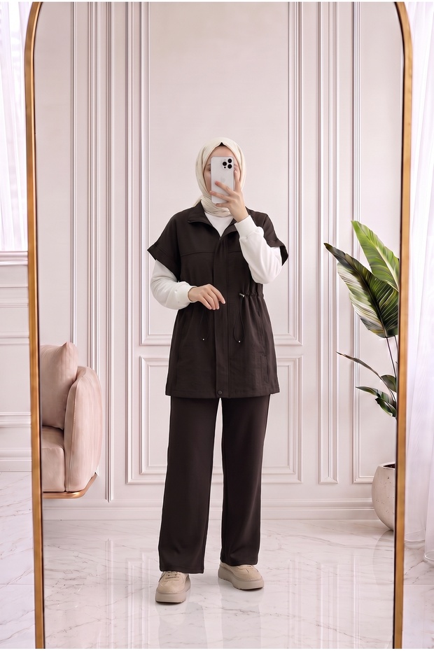 Banugül Elastic-Waist Cupra Vest Set - MF683 Brown