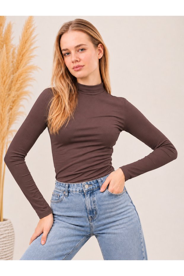 Women's Stretch Fabric Long-Sleeve Bodysuit, Brown
