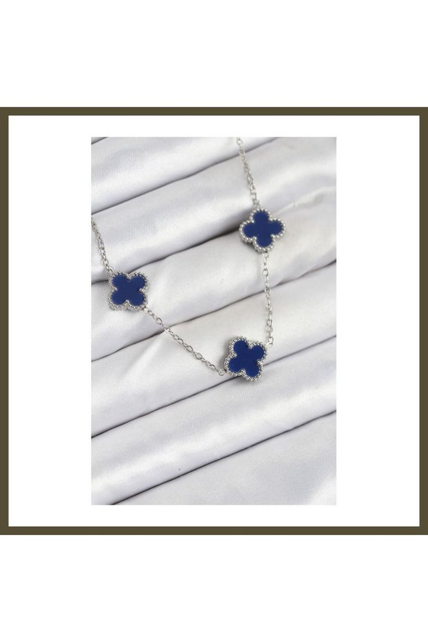 316L Steel Chain, Silver and Navy Blue, Clover-Shaped Women's Necklace BX