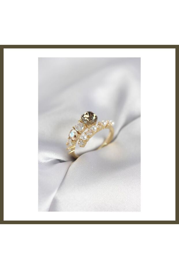 Gold-Colored Brass Ring with Zircon and Pearls for Women BX