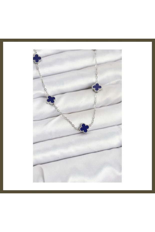 316L Steel Chain, Silver-Toned, Navy Blue, Baby Boy, Clover, Women's Necklace BX