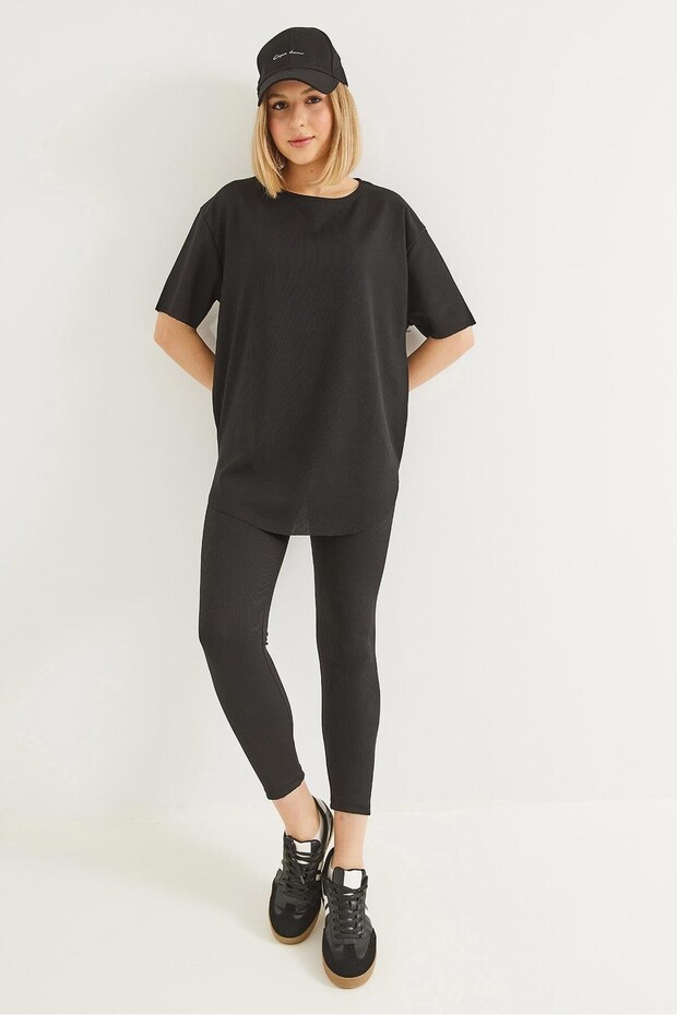 Black Crew Neck Basic T-Shirt, Knit, Oversized, Drop-Shoulder