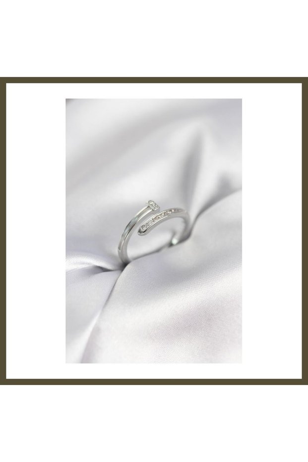 Silver-Colored Flat Nail-Style Women's Ring with Zircon Stone BX