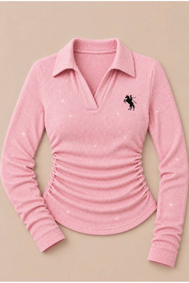 Pink Polo Collar Long-Sleeve Glittery, Embroidered, Stretch Fabric Premium Body Blouse