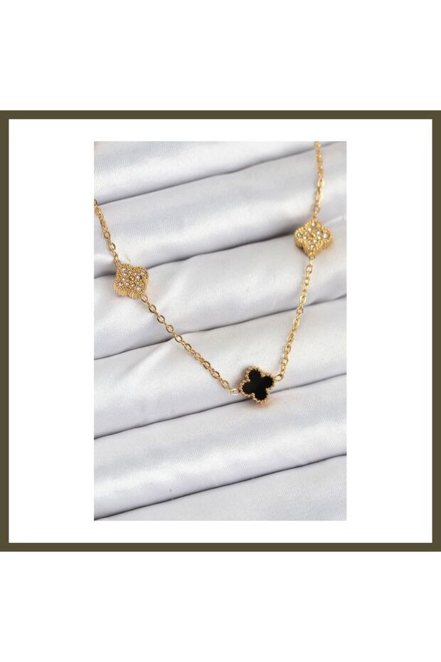 316L Stainless Steel Chain, Gold-Toned, Black and Zircon Stone Baby Boy Clover Women's Necklace BX