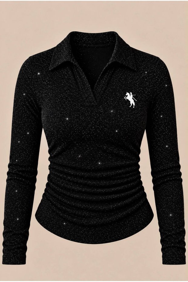 Black Polo Collar Long-Sleeve Glittery, Embroidered, Stretch Fabric Premium Body Blouse