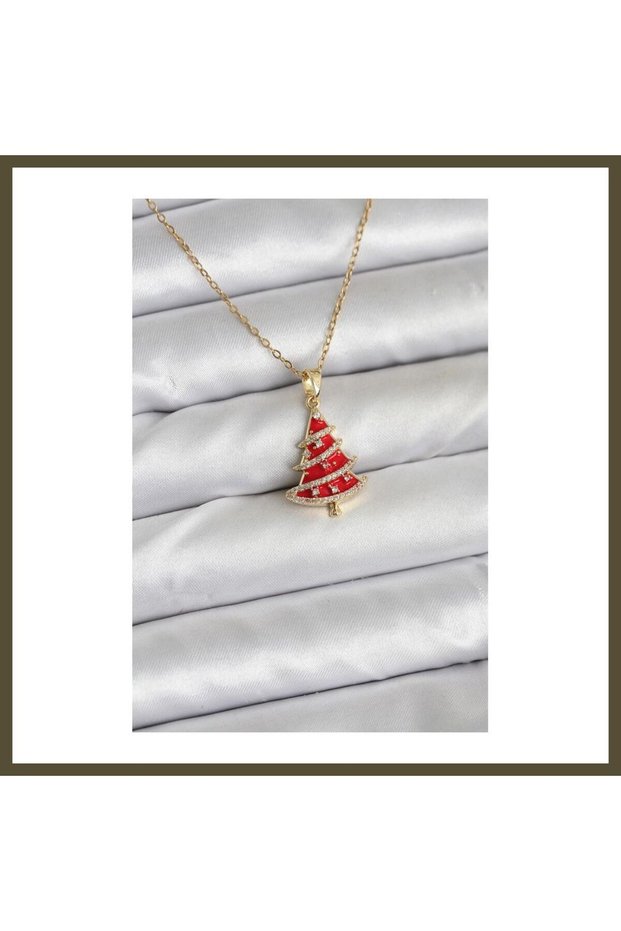 316L Stainless Steel Chain, Gold-Toned, Red Fir Tree Design, New Year's-Themed Women's Necklace BX