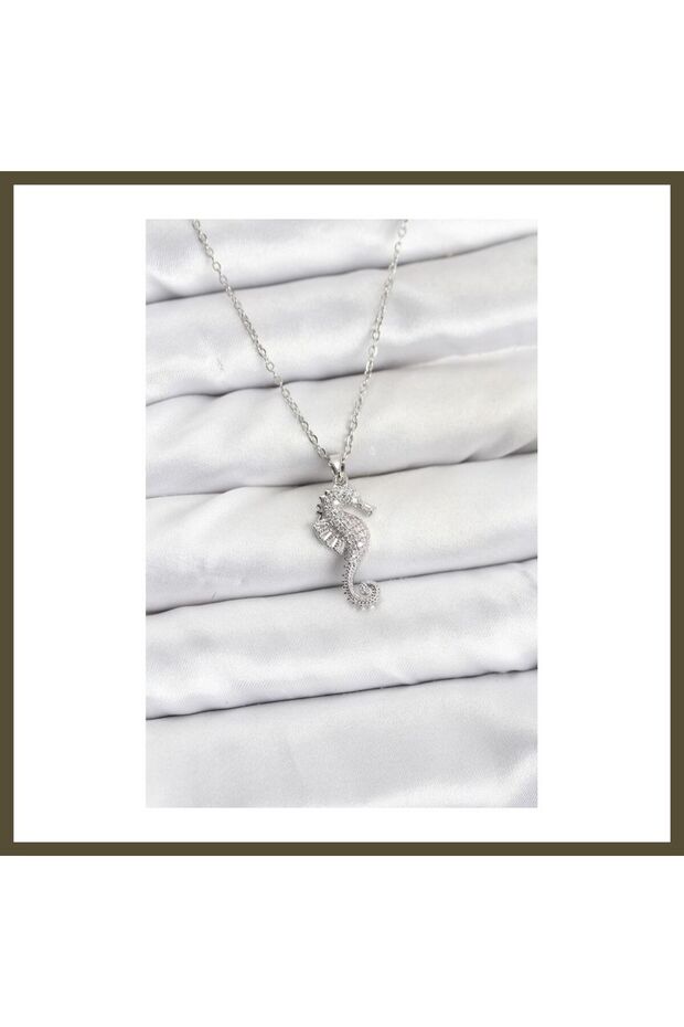 316L Stainless Steel Chain, Silver-Colored, Seahorse-Shaped, Zircon-Studded Women's Necklace BX