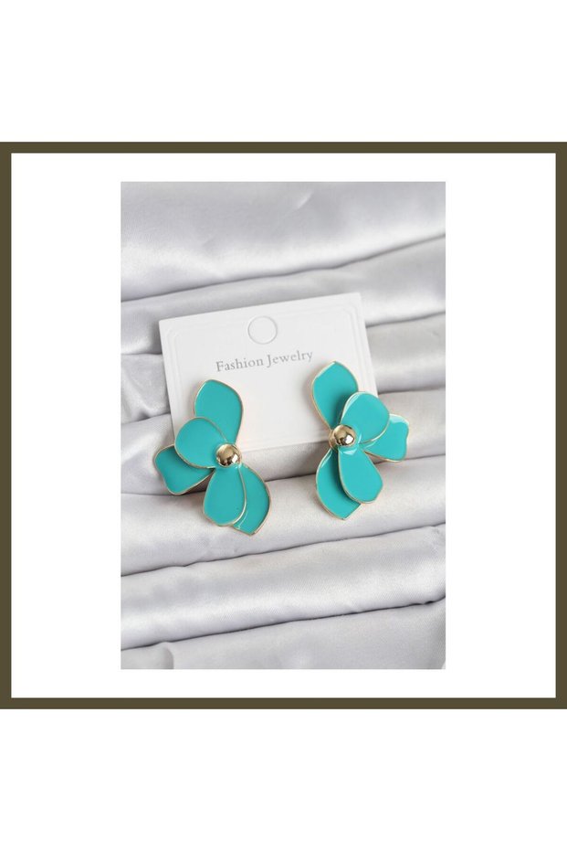 Turquoise-Inlaid Lotus-Design Brass Women's Earrings BX